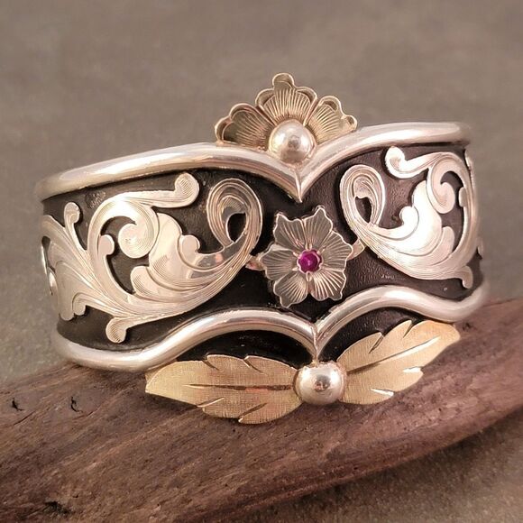 Lopez Bros. Silversmith Handcrafted Engraved Sterling 14k Flourish Cuff Bracelet - Picture 1 of 13